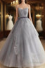 Gray Tulle Lace Long Formal Prom Dress Sweet 16 Dress A Line Off Shoulder December Wedding Guest Dress
