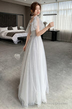 Gray Tulle Lace Long Prom Dresses, A-Line Evening Dresses