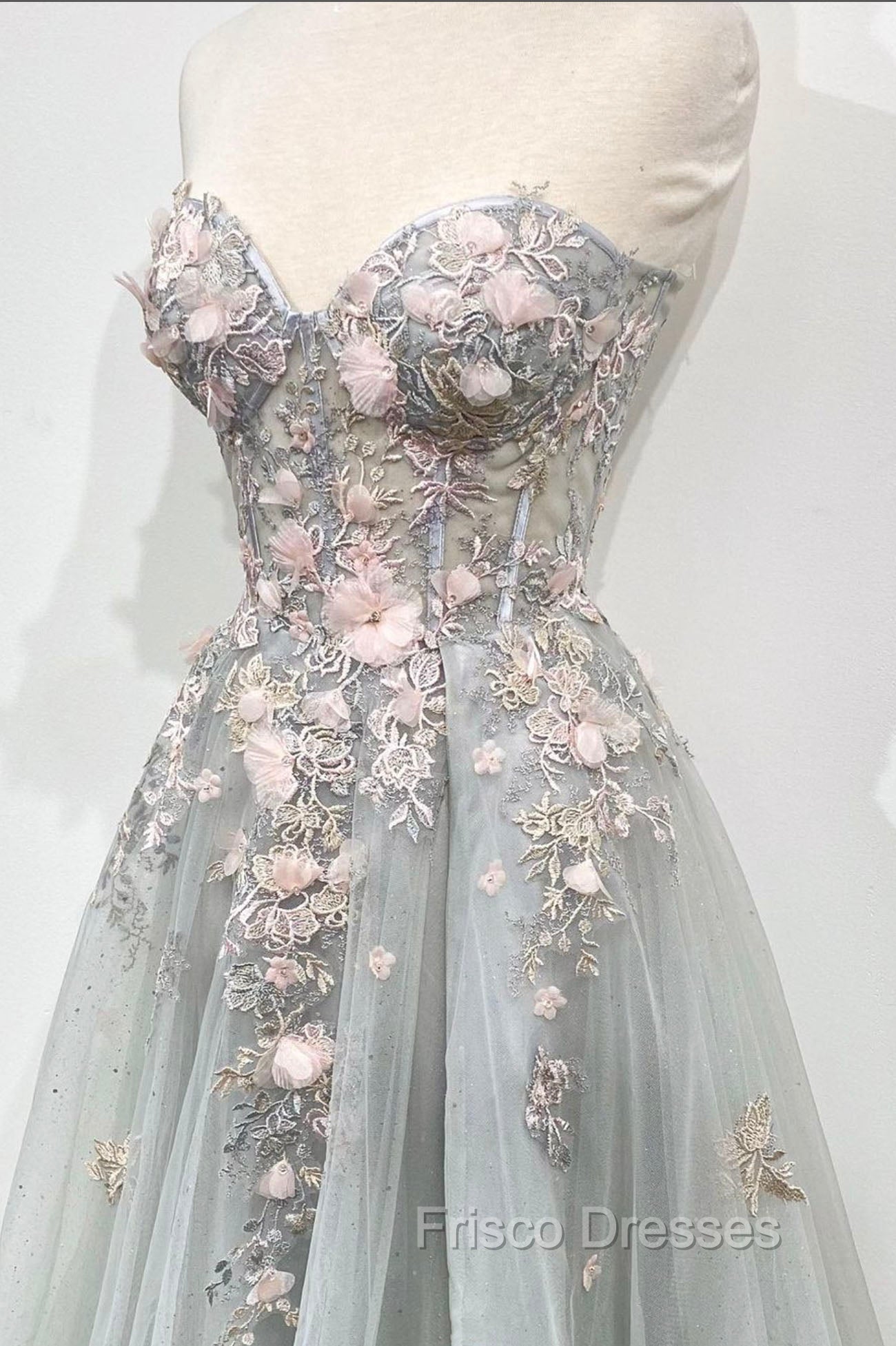 Gray Tulle Lace Long Strapless Formal Prom Dress, A-Line Formal Evening Dress Secondary image