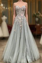 Gray Tulle Lace Long Strapless Formal Prom Dress, A-Line Formal Evening Dress