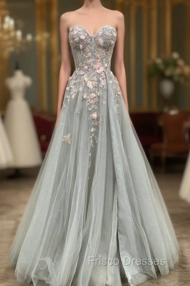 Gray Tulle Lace Long Strapless Formal Prom Dress, A-Line Formal Evening Dress