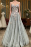 Gray Tulle Lace Long Strapless Formal Prom Dress, A-Line Formal Evening Dress