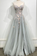 Gray Tulle Lace Long Strapless Prom Dress, A-Line Formal Evening Dress