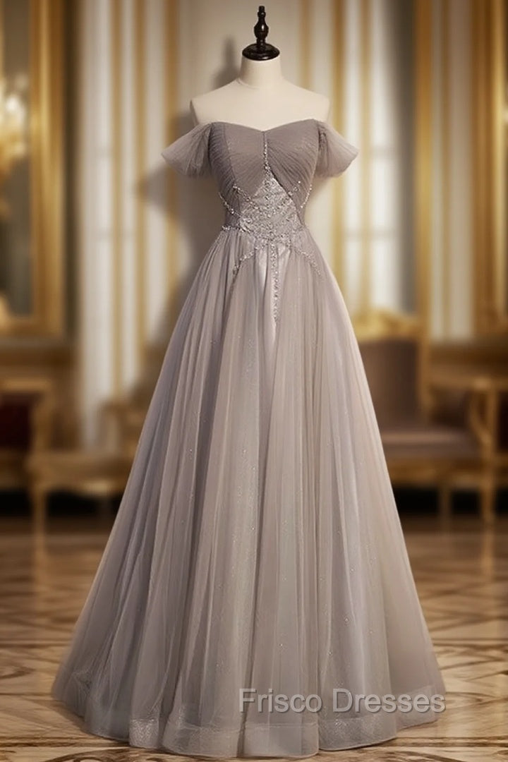 Gray Tulle Lace Pleats Beading Formal Prom Dress Main image