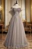 Gray Tulle Lace Pleats Beading Formal Prom Dress