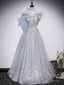 Gray Tulle Lace Sequin Long Prom Dress, Gray Tulle Formal Dress