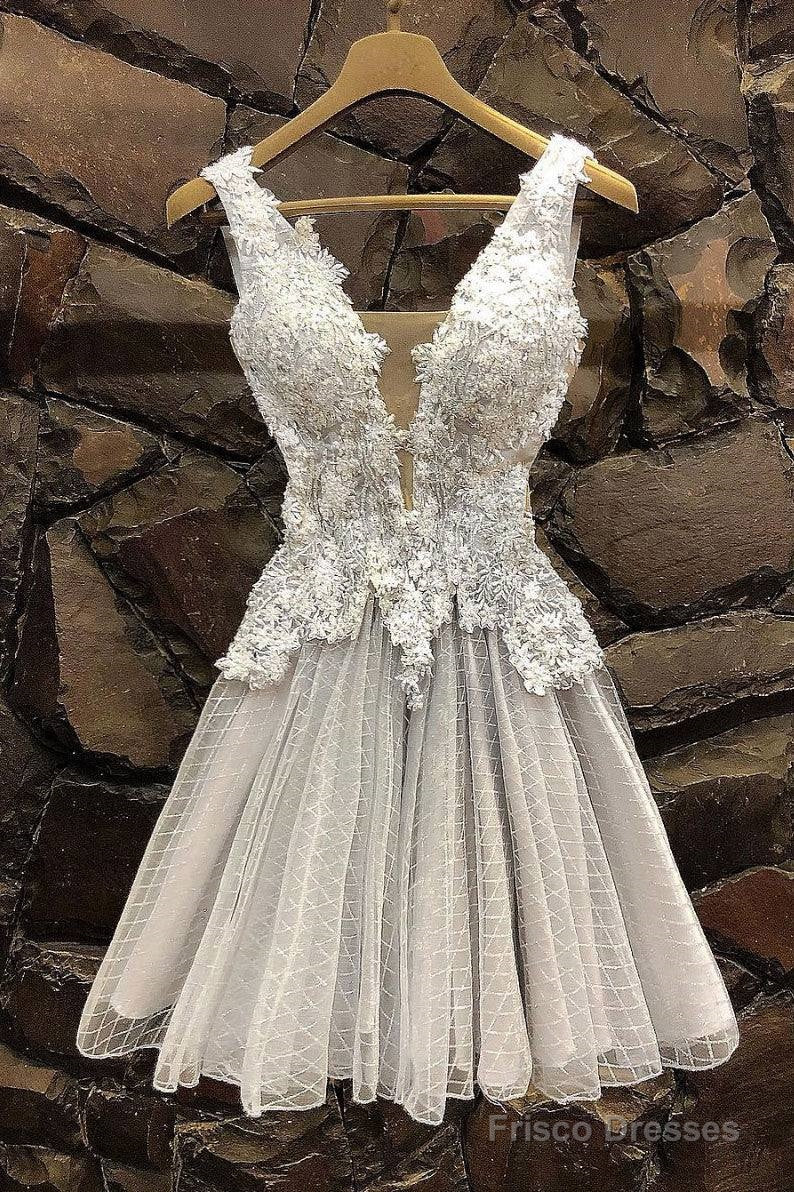 Gray Tulle Lace Short Prom Dress, Gray Tulle Lace Homecoming Dress