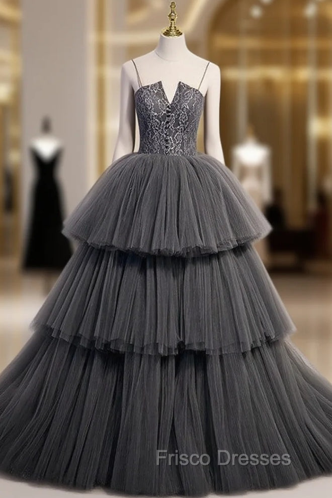 Gray Tulle Lace Spaghetti Straps Formal Prom Dress Main image