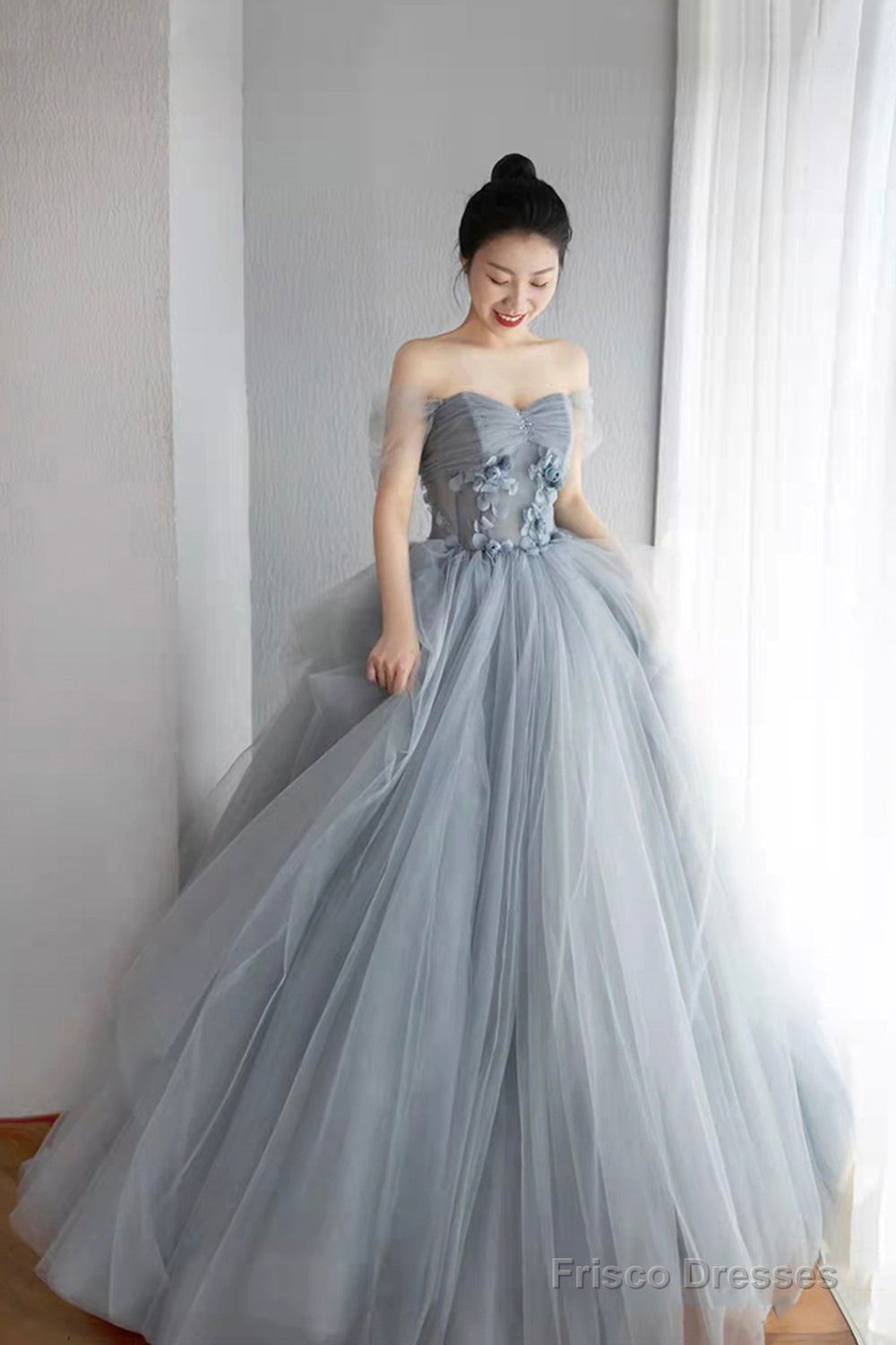 Gray Tulle Layers Long Prom Dress, A-Line Strapless Formal Evening Dress Main image