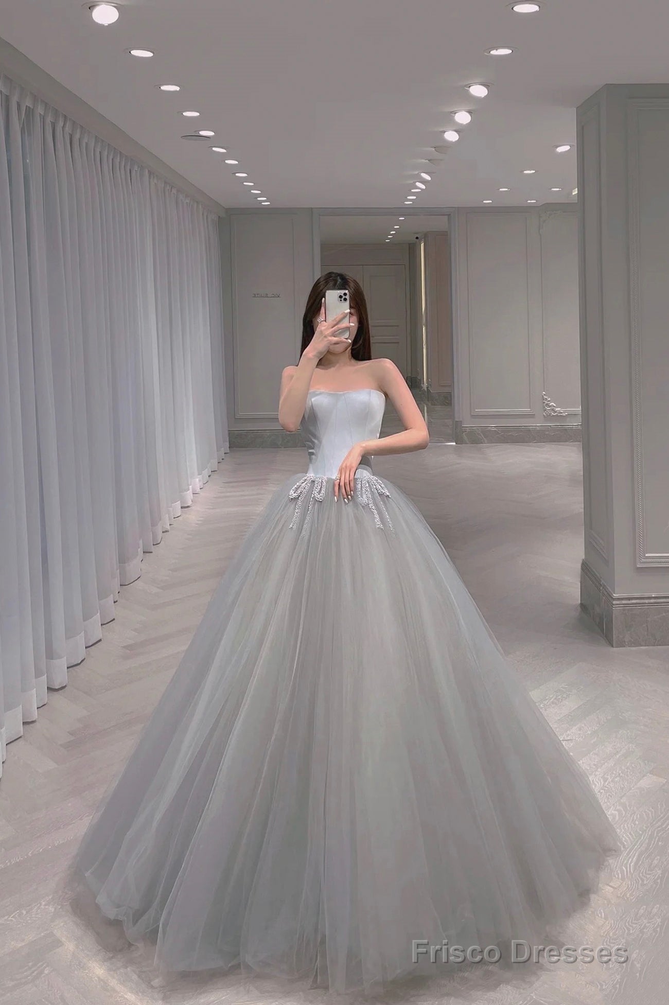 Gray Tulle Long A-Line Prom Dress, Cute Strapless Evening Party Dress Main image