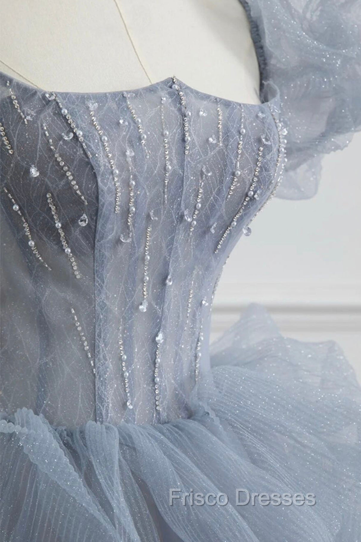 Gray Tulle Long A-Line Formal Prom Dress, Gray Short Sleeve Evening Dress
