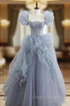 Gray Tulle Long A-Line Formal Prom Dress, Gray Short Sleeve Evening Dress