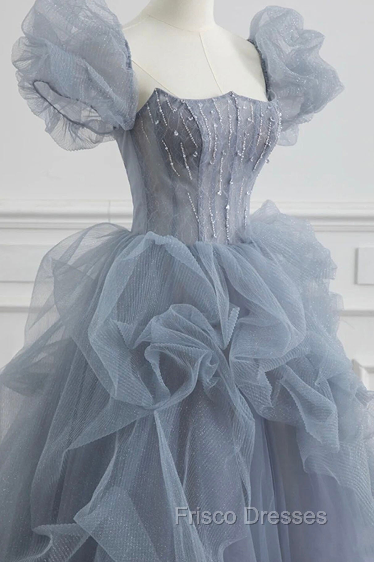 Gray Tulle Long A-Line Formal Prom Dress, Gray Short Sleeve Evening Dress