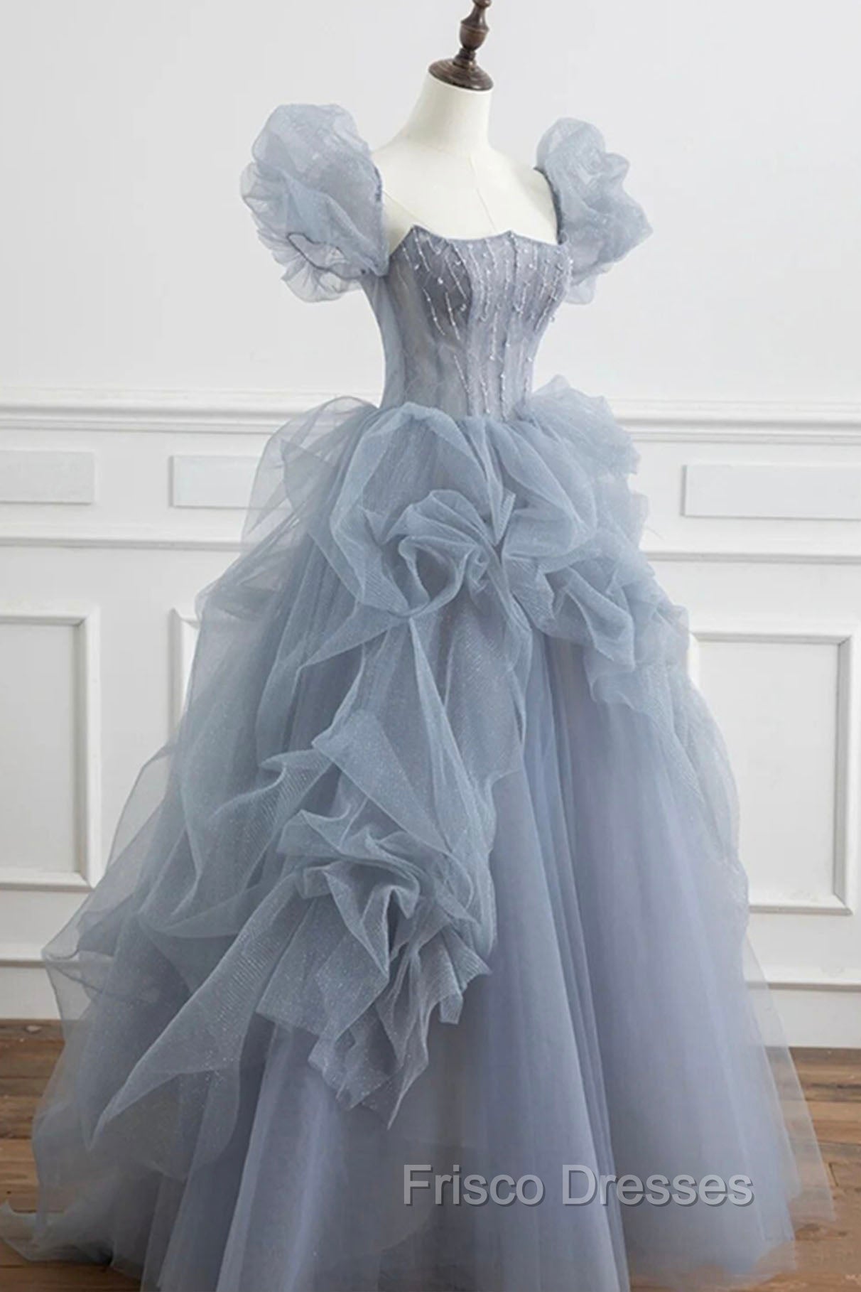 Gray Tulle Long A-Line Formal Prom Dress, Gray Short Sleeve Evening Dress