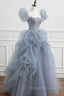Gray Tulle Long A-Line Formal Prom Dress, Gray Short Sleeve Evening Dress