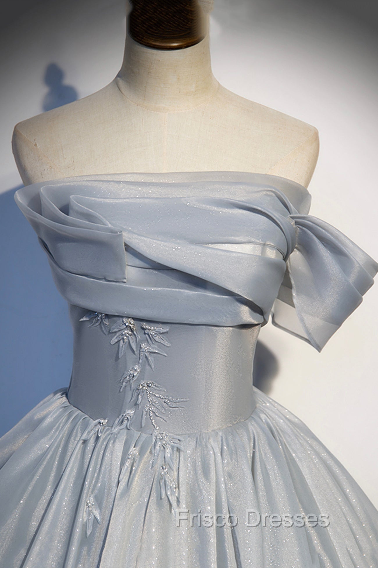 Gray Tulle Long A-Line Formal Prom Dress, Gray Strapless Formal Evening Gown Secondary image