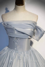 Gray Tulle Long A-Line Formal Prom Dress, Gray Strapless Formal Evening Gown