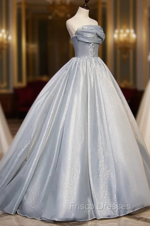 Gray Tulle Long A-Line Formal Prom Dress, Gray Strapless Formal Evening Gown
