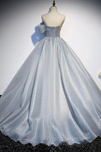 Gray Tulle Long A-Line Formal Prom Dress, Gray Strapless Formal Evening Gown