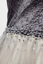 Gray Tulle Long A-Line Formal Prom Dress, V-Neck Spaghetti Straps Evening Dress