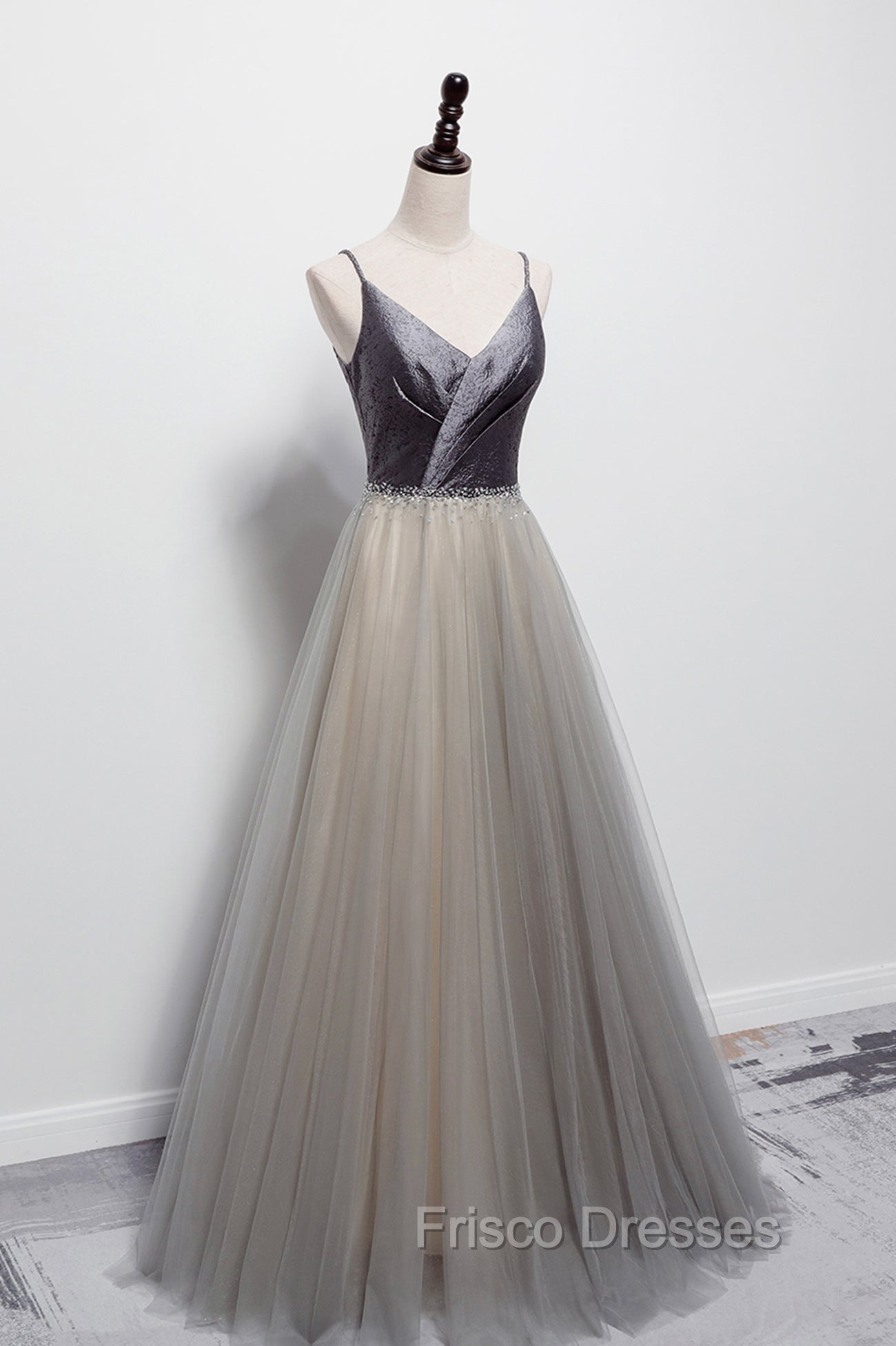 Gray Tulle Long A-Line Formal Prom Dress, V-Neck Spaghetti Straps Evening Dress