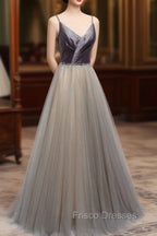 Gray Tulle Long A-Line Formal Prom Dress, V-Neck Spaghetti Straps Evening Dress