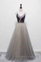 Gray Tulle Long A-Line Formal Prom Dress, V-Neck Spaghetti Straps Evening Dress