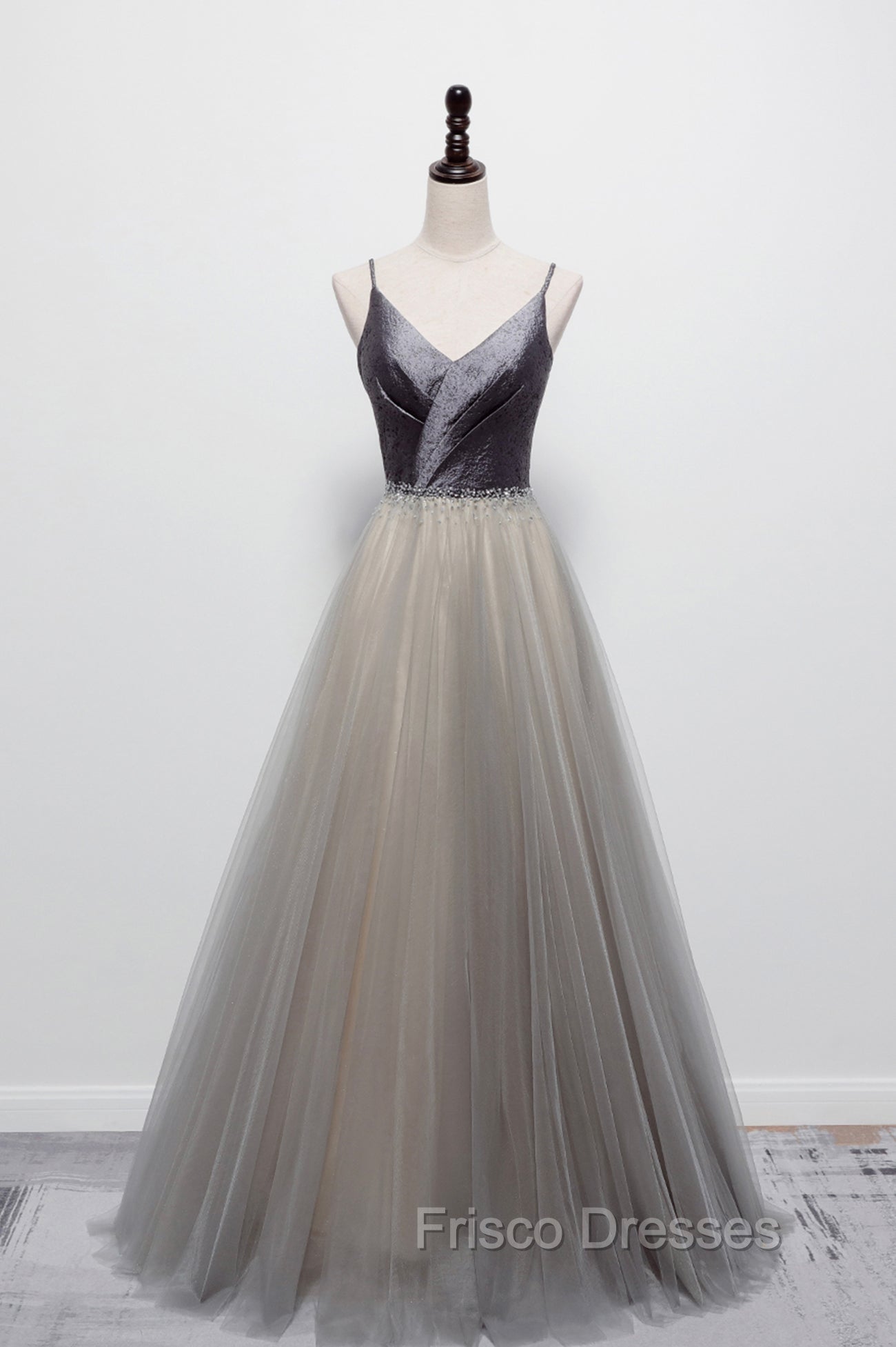Gray Tulle Long A-Line Formal Prom Dress, V-Neck Spaghetti Straps Evening Dress