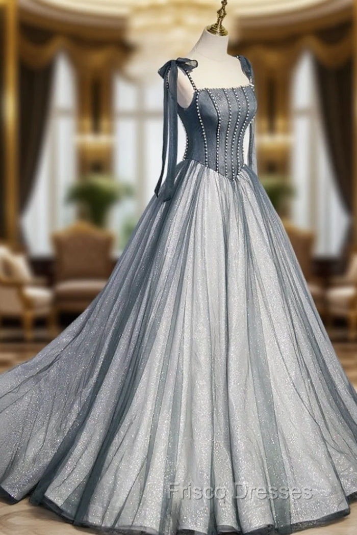 Gray Tulle Long A-Line Formal Prom Dress with Beaded, Spaghetti Straps Gray Evening Dress