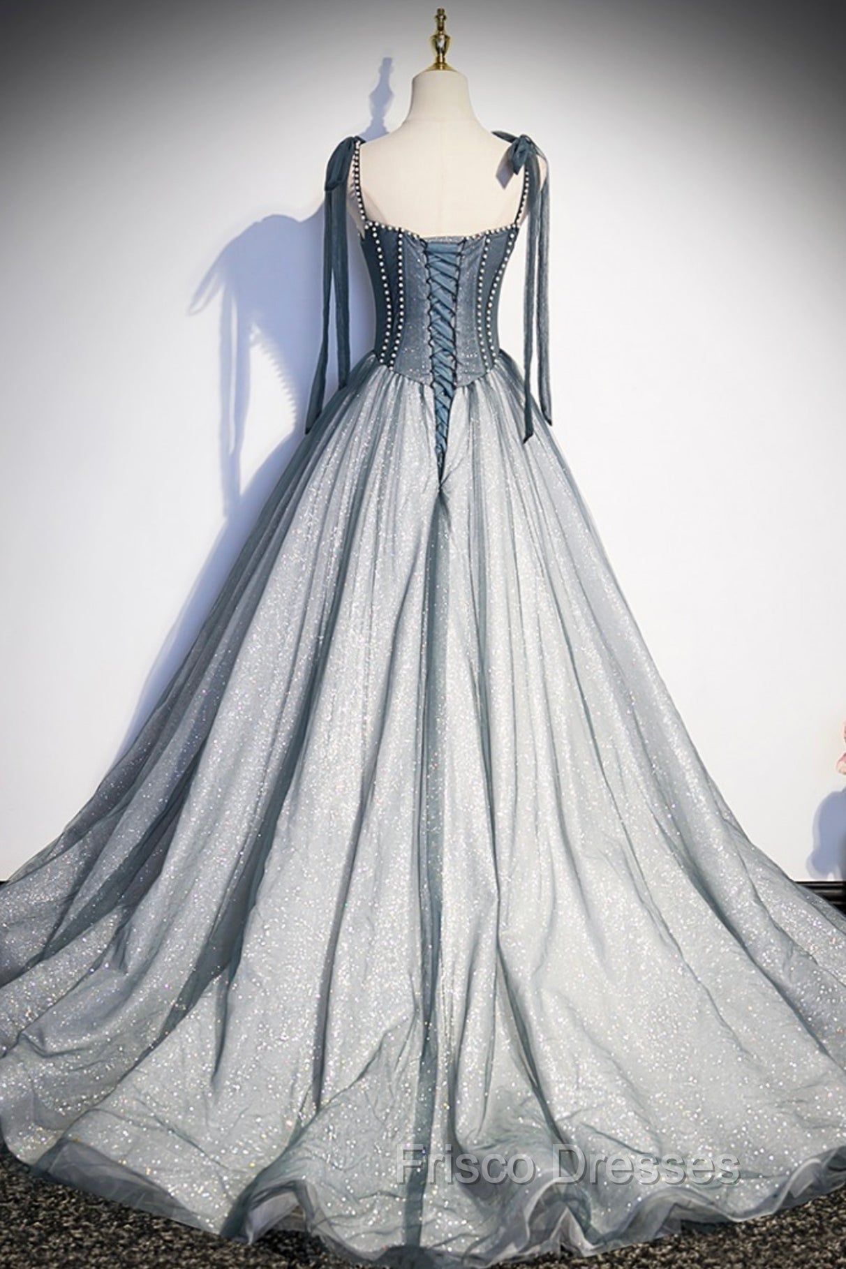 Gray Tulle Long A-Line Formal Prom Dress with Beaded, Spaghetti Straps Gray Evening Dress