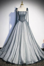 Gray Tulle Long A-Line Formal Prom Dress with Beaded, Spaghetti Straps Gray Evening Dress