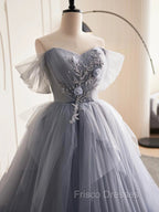 Gray Tulle Long Floral Formal Prom Dress, Gray Tulle Long Lace Formal Evening Dress