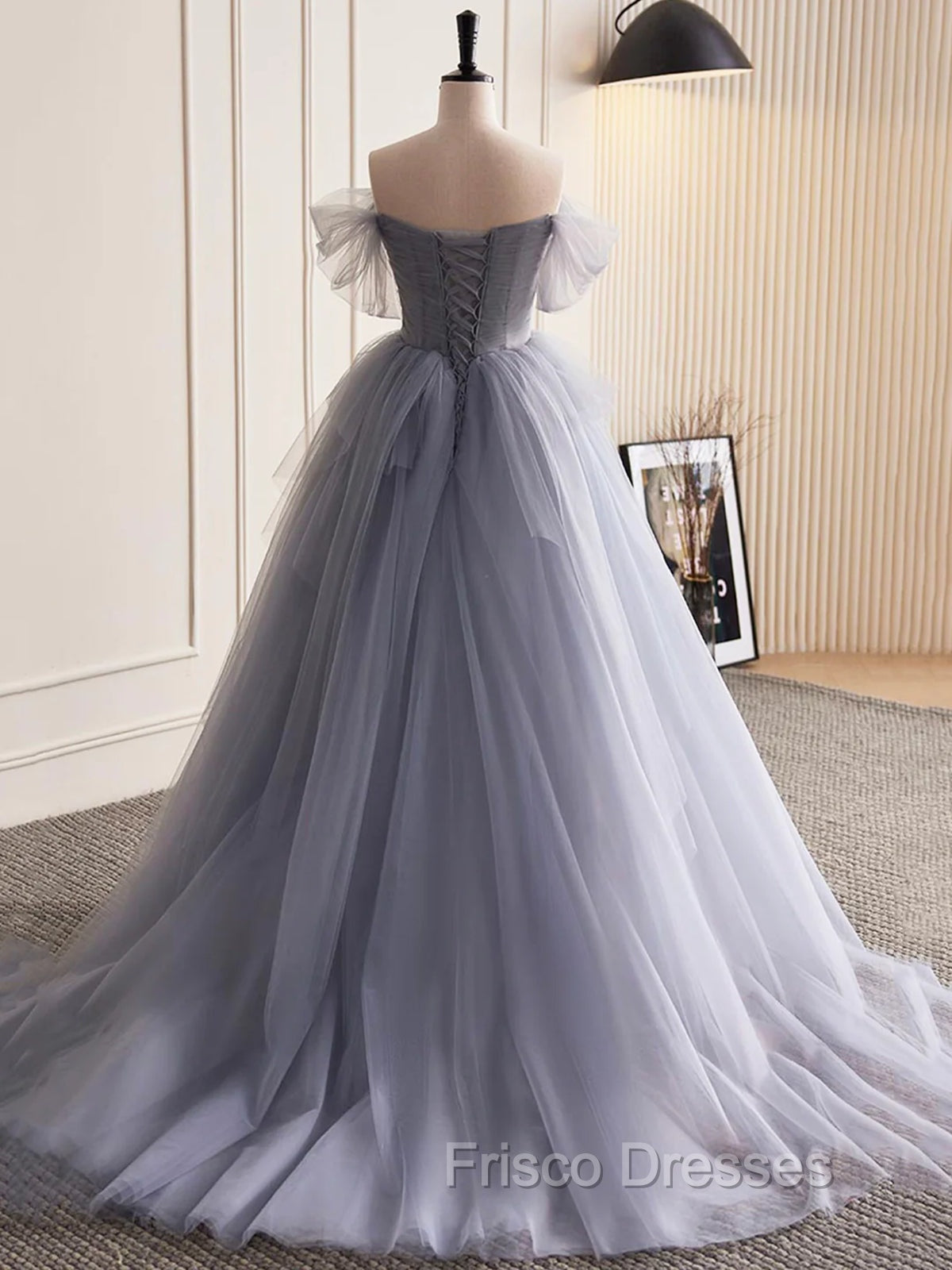 Gray Tulle Long Floral Formal Prom Dress, Gray Tulle Long Lace Formal Evening Dress Secondary image