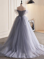 Gray Tulle Long Floral Formal Prom Dress, Gray Tulle Long Lace Formal Evening Dress