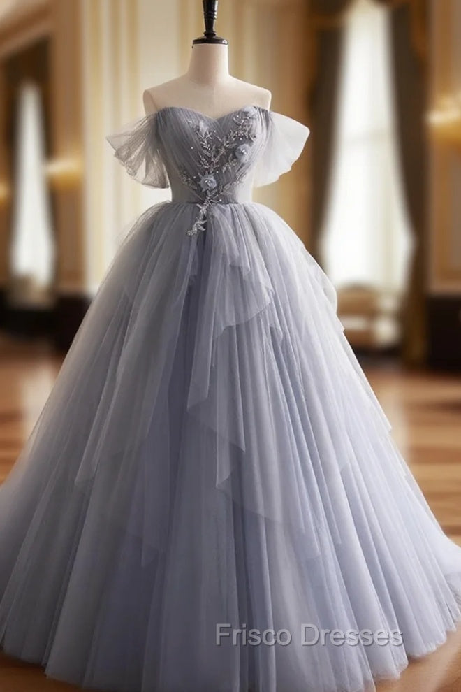 Gray Tulle Long Floral Formal Prom Dress, Gray Tulle Long Lace Formal Evening Dress Main image
