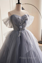 Gray Tulle Long Formal Prom Dress, Off Shoulder Evening Dress Party Dress
