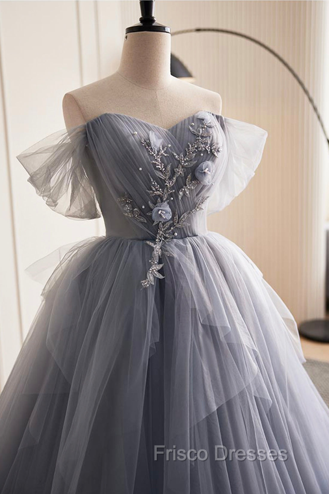 Gray Tulle Long Formal Prom Dress, Off Shoulder Evening Dress Party Dress