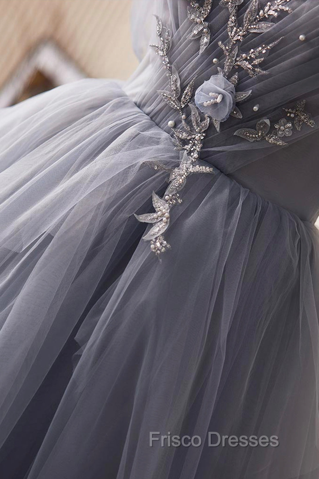 Gray Tulle Long Formal Prom Dress, Off Shoulder Evening Dress Party Dress