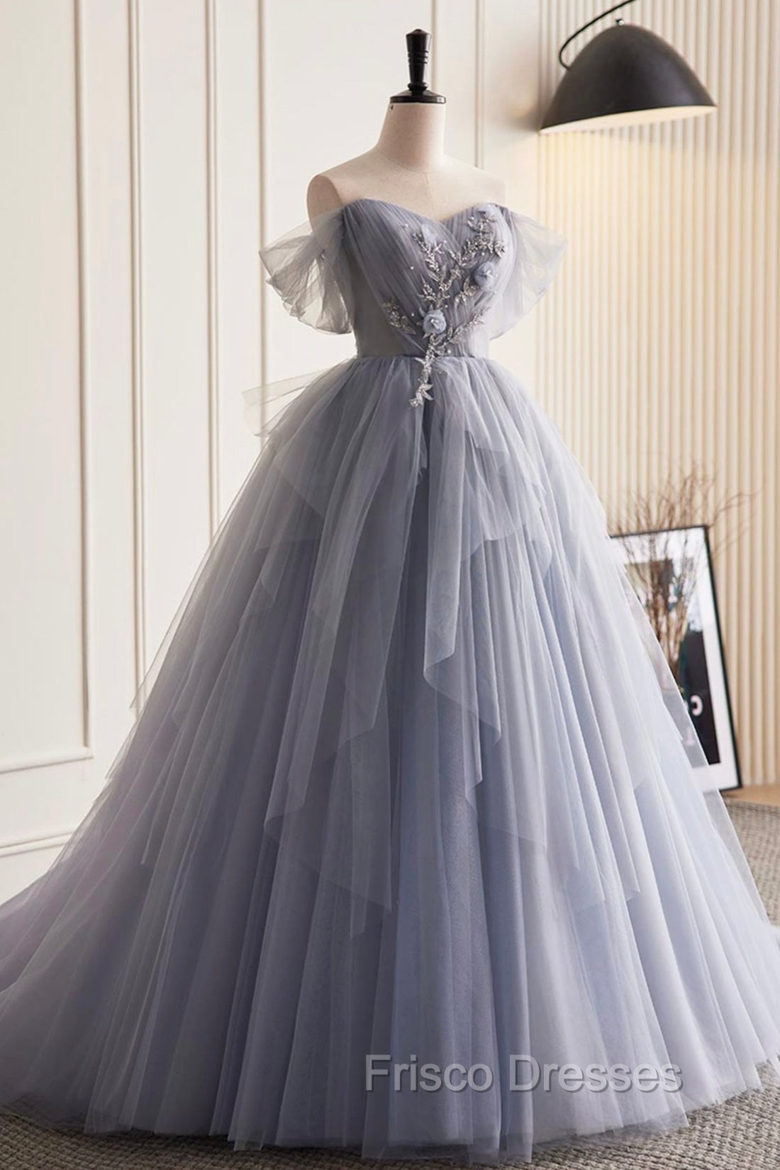 Gray Tulle Long Formal Prom Dress, Off Shoulder Evening Dress Party Dress