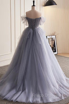 Gray Tulle Long Formal Prom Dress, Off Shoulder Evening Dress Party Dress