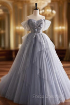 Gray Tulle Long Formal Prom Dress, Off Shoulder Evening Dress Party Dress