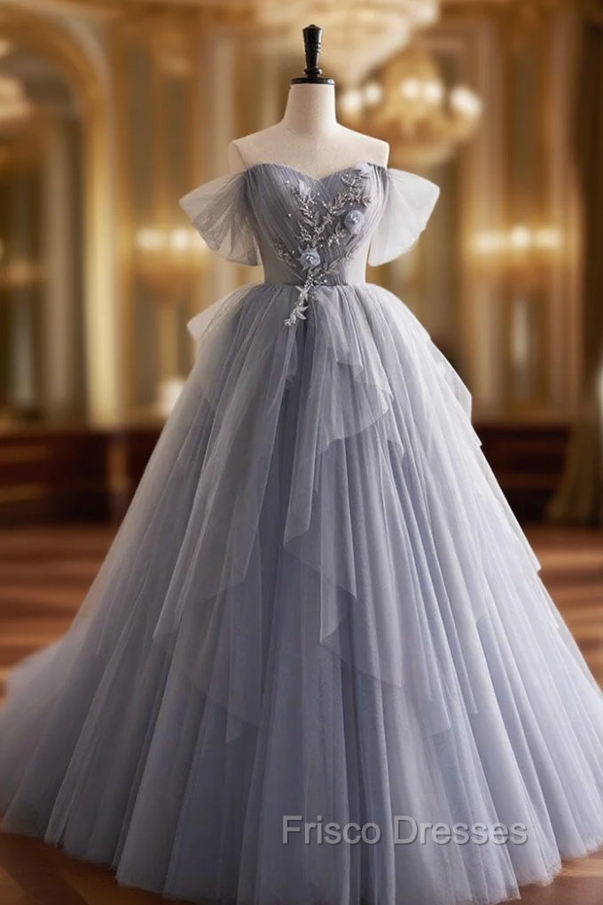 Gray Tulle Long Formal Prom Dress, Off Shoulder Evening Dress Party Dress