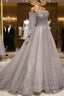 Gray Tulle Long Sleeve A-Line Formal Prom Dress, Spaghetti Straps Formal Evening Dress