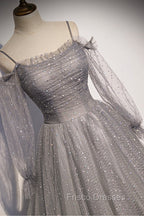 Gray Tulle Long Sleeve A-Line Formal Prom Dress, Spaghetti Straps Formal Evening Dress