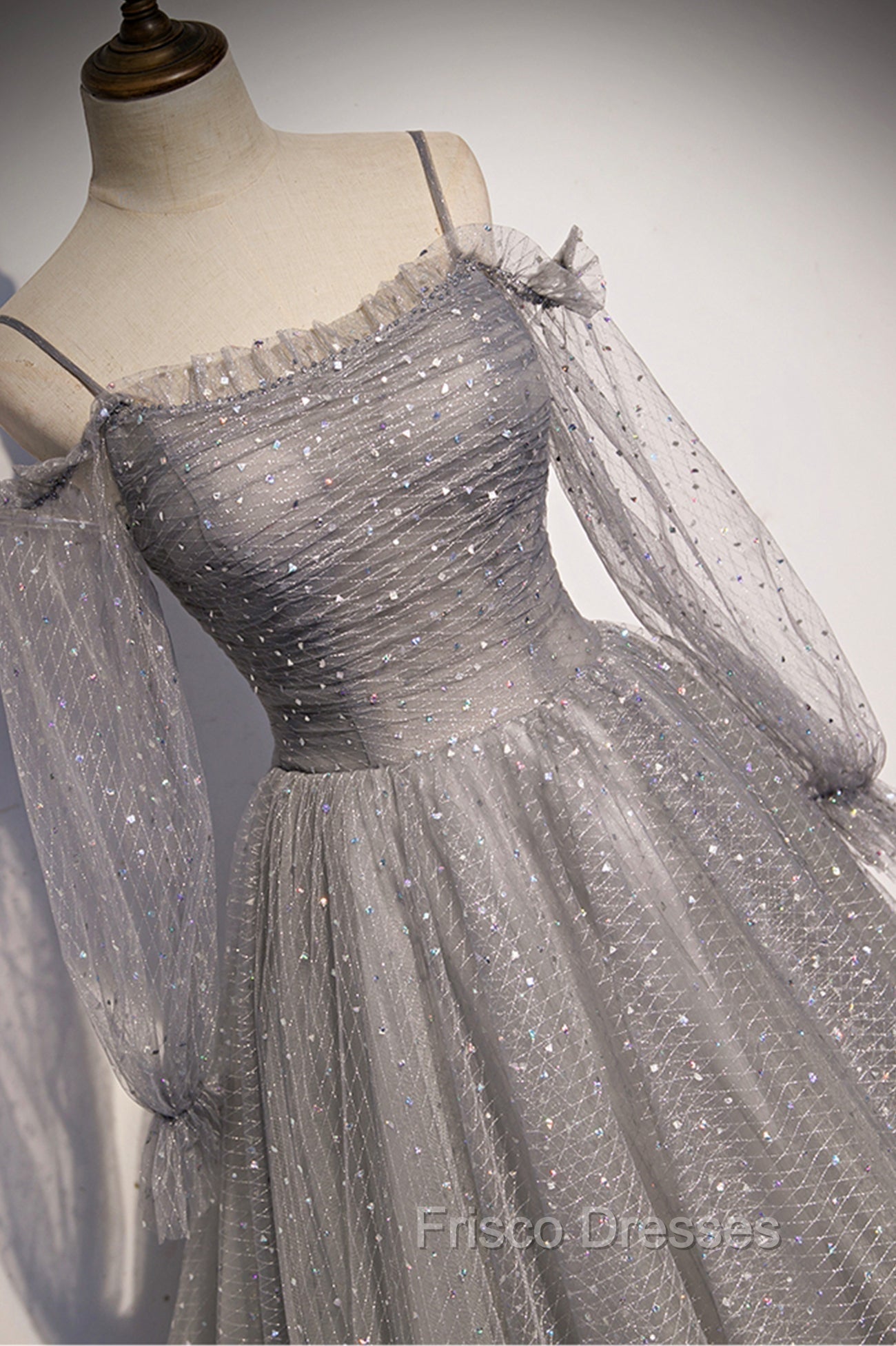 Gray Tulle Long Sleeve A-Line Formal Prom Dress, Spaghetti Straps Formal Evening Dress