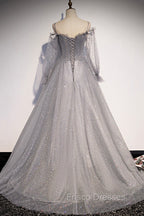 Gray Tulle Long Sleeve A-Line Formal Prom Dress, Spaghetti Straps Formal Evening Dress