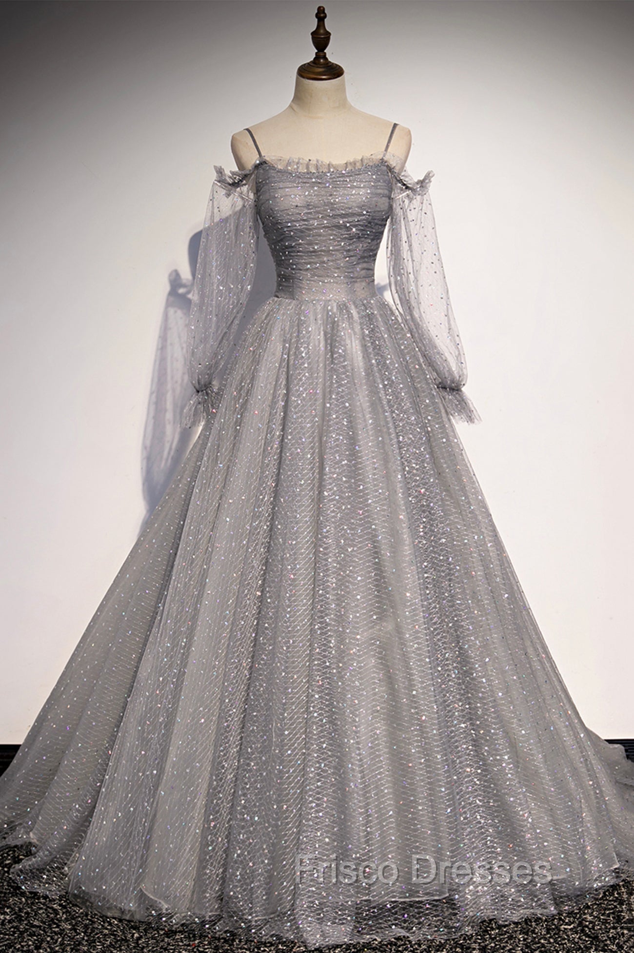 Gray Tulle Long Sleeve A-Line Formal Prom Dress, Spaghetti Straps Formal Evening Dress Main image