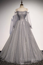 Gray Tulle Long Sleeve A-Line Formal Prom Dress, Spaghetti Straps Formal Evening Dress