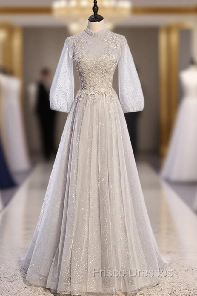Gray Tulle Long Sleeve Sequins Beading Formal Prom Dress Main image