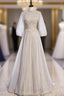 Gray Tulle Long Sleeve Sequins Beading Formal Prom Dress